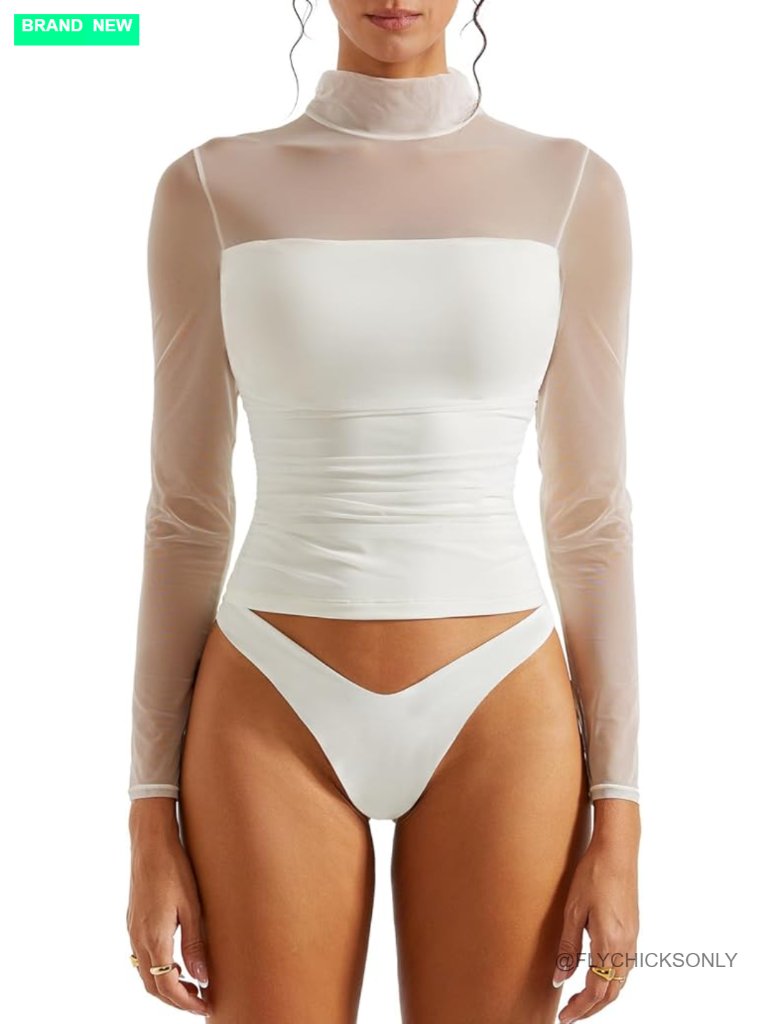 Mock Neck Long Sleeve Sheer Mesh Crop Tank Top Y2k Going Out Top